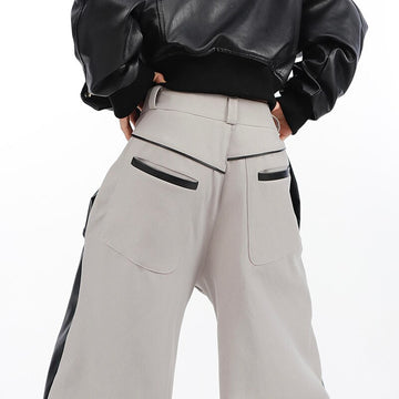 Niche Split Trousers PU Leather Splicing Design Casual Pants Loose High Straight Contrast Color Male Fashion Winter aidase-shop